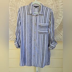 Zac & Rachel Striped Linen & Rayon Blend Long Sleeve Button-Down Shirt Sz Medium
